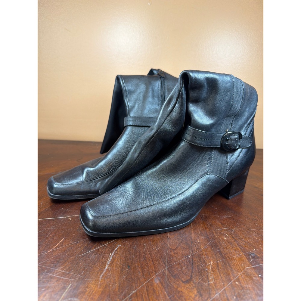 Black Leather Knee High Boots Square Toe Buckle Detail Block Heel Women Size 8.5